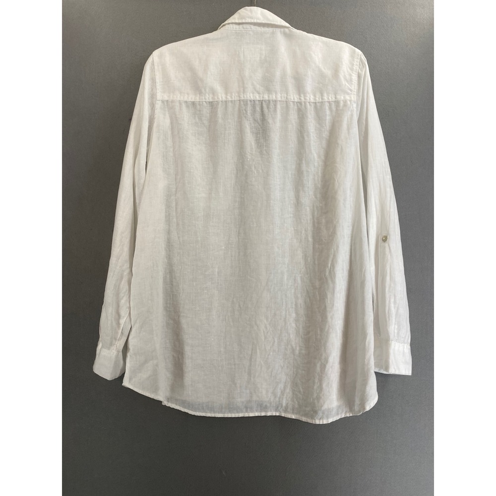 Sigrid Olsen Womens White 100% Linen Roll Tab Button Down Shirt Large Classic - Picture 2 of 9